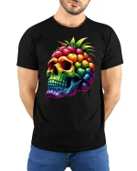 Tropical Fruit Skull Rainbow Vibe Graphic T-Shirt - model wearing black tee with hands behind back