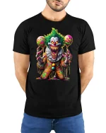 Scary Psycho Clown Horror Party Graphic T-Shirt - model wearing black tee with hands behind back