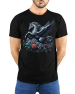 Pegasus Unicorn Floral Fantasy Art Graphic T-Shirt - model wearing black tee with hands behind back
