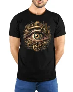 Steampunk Eye Gear Vision Graphic T-Shirt - model wearing black tee with hands behind back