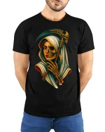 Grim Reaper Woman Half Skull Gothic Art T-Shirt - model wearing black tee with hands behind back