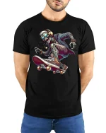 Cool Skeleton Skater Street Style Graphic T-Shirt - model wearing black tee with hands behind back