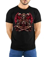 Grim Reaper Twin Eagle Warrior Graphic T-Shirt - model wearing black tee with hands behind back