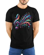Colorful Music Notes Treble Clef Art Graphic T-Shirt - model wearing black tee with hands behind back