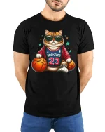 Funny Basketball Cat Player Cool Street Graphic T-Shirt - model wearing black tee with hands behind back