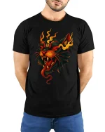 Flaming Demon Cat Fiery Spirit Graphic T-Shirt - model wearing black tee with hands behind back