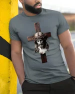 Jesus Cross Crown of Thorns Faith Graphic T-Shirt - model wearing grey tee, leaning on column