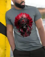 Red Tribal Skull Warrior Headdress Graphic T-Shirt - model wearing grey tee, leaning on column