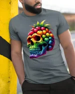 Tropical Fruit Skull Rainbow Vibe Graphic T-Shirt - model wearing grey tee, leaning on column