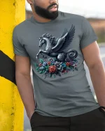 Pegasus Unicorn Floral Fantasy Art Graphic T-Shirt - model wearing grey tee, leaning on column