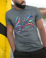 Colorful Music Notes Treble Clef Art Graphic T-Shirt - model wearing grey tee, leaning on column