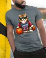 Funny Basketball Cat Player Cool Street Graphic T-Shirt - model wearing grey tee, leaning on column