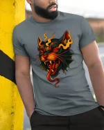 Flaming Demon Cat Fiery Spirit Graphic T-Shirt - model wearing grey tee, leaning on column