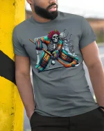 Skeleton Hockey Goalie Day of Dead Graphic T-Shirt - model wearing grey tee, leaning on column