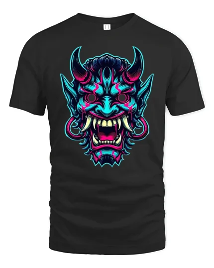 Neon Demon Mask Art Cool Streetwear Graphic T-Shirt - black t-shirt on white background