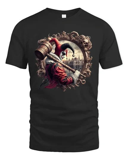 Gothic Jester Hammer Dark Carnival Art Graphic T-Shirt - black t-shirt on white background