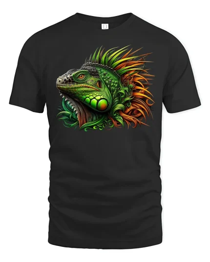 Colorful Iguana Jungle Fire Art Reptile Graphic T-Shirt - black t-shirt on white background