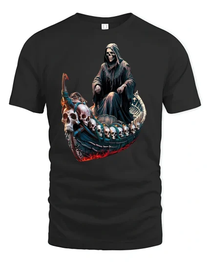 Grim Reaper Skull Boat of Souls Dark Gothic T-Shirt - black t-shirt on white background