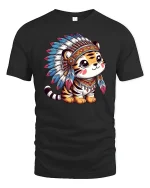Cute Tribal Tiger With Feather Headdress T-Shirt - black t-shirt on white background