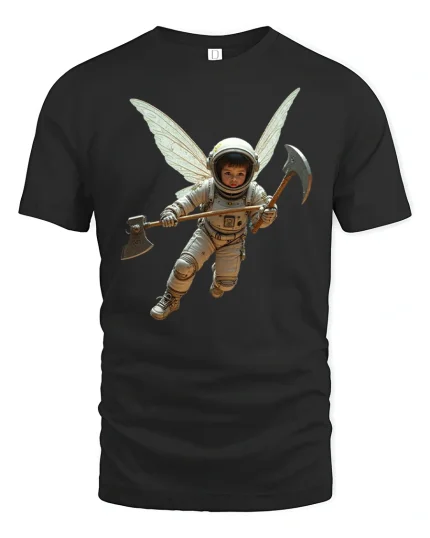 Fantasy Astronaut Fairy With Axe Cosmic Warrior Tee - black t-shirt on white background