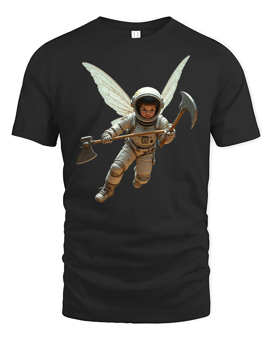 Fantasy Astronaut Fairy With Axe Cosmic Warrior Tee - 1 Fantasy Astronaut Fairy With Axe Cosmic Warrior Tee - black t-shirt on white background
