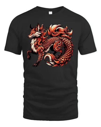 Fire Fox Dragon Hybrid Mythical Spirit Animal T-Shirt - black t-shirt on white background