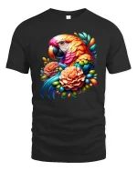 Colorful Parrot And Flowers Tropical Art Graphic Tee - black t-shirt on white background