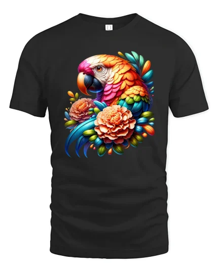 Colorful Parrot And Flowers Tropical Art Graphic Tee - black t-shirt on white background