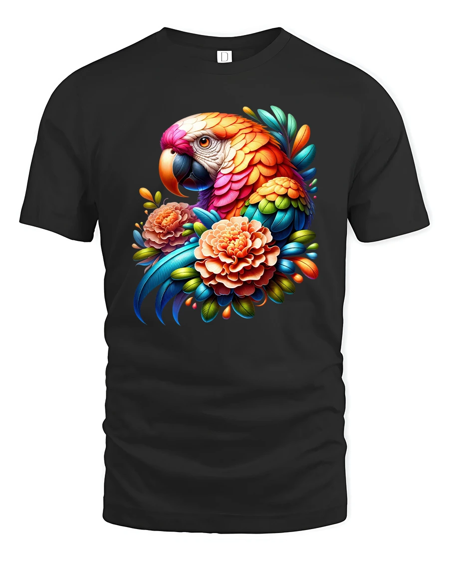 Colorful Parrot And Flowers Tropical Art Graphic Tee - 1 Colorful Parrot And Flowers Tropical Art Graphic Tee - black t-shirt on white background