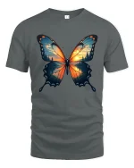Sunset Forest Butterfly Nature Art Graphic T-Shirt - gray t-shirt on white background
