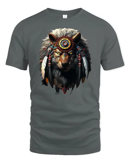 Tribal Lion Warrior Spirit Power Graphic T-Shirt - gray t-shirt on white background