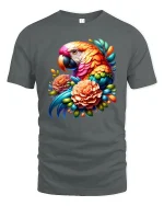 Colorful Parrot And Flowers Tropical Art Graphic Tee - gray t-shirt on white background