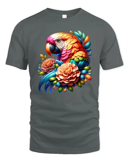 Colorful Parrot And Flowers Tropical Art Graphic Tee - gray t-shirt on white background