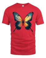 Sunset Forest Butterfly Nature Art Graphic T-Shirt - red t-shirt on white background