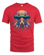 Psychedelic Jellyfish Ocean Glow Art Graphic T-Shirt - red t-shirt on white background
