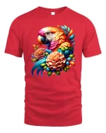 Colorful Parrot And Flowers Tropical Art Graphic Tee - red t-shirt on white background