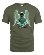 Angel Astronaut Sitting Cosmic Dream Graphic T-Shirt - military green t-shirt on white background