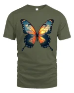 Sunset Forest Butterfly Nature Art Graphic T-Shirt - military green t-shirt on white background