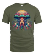 Psychedelic Jellyfish Ocean Glow Art Graphic T-Shirt - military green t-shirt on white background