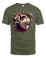 Gothic Jester Hammer Dark Carnival Art Graphic T-Shirt - military green t-shirt on white background