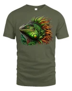 Colorful Iguana Jungle Fire Art Reptile Graphic T-Shirt - military green t-shirt on white background