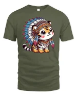 Cute Tribal Tiger With Feather Headdress T-Shirt - military green t-shirt on white background