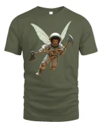 Fantasy Astronaut Fairy With Axe Cosmic Warrior Tee - military green t-shirt on white background