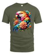 Colorful Parrot And Flowers Tropical Art Graphic Tee - military green t-shirt on white background