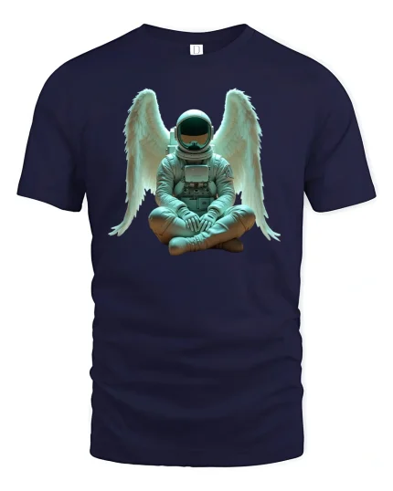 Angel Astronaut Sitting Cosmic Dream Graphic T-Shirt - navy t-shirt on white background