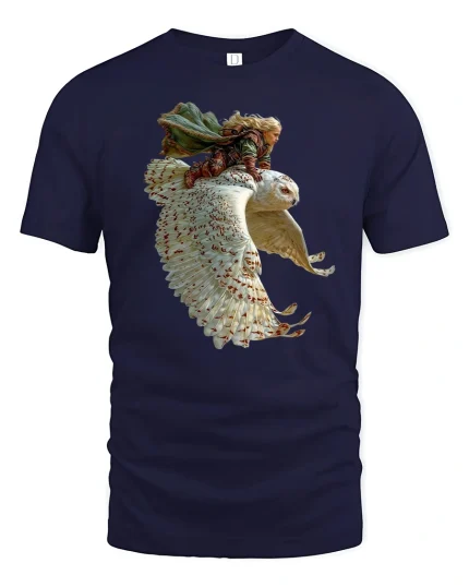 Fantasy Owl Rider Warrior Flight Epic Art Graphic Tee - navy t-shirt on white background