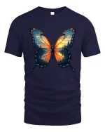 Sunset Forest Butterfly Nature Art Graphic T-Shirt - navy t-shirt on white background