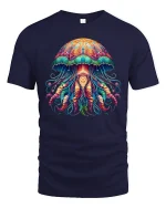 Psychedelic Jellyfish Ocean Glow Art Graphic T-Shirt - navy t-shirt on white background