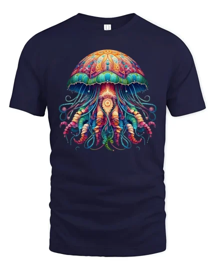 Psychedelic Jellyfish Ocean Glow Art Graphic T-Shirt - navy t-shirt on white background