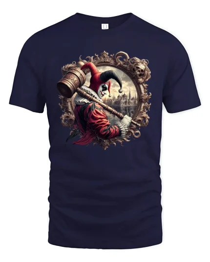 Gothic Jester Hammer Dark Carnival Art Graphic T-Shirt - navy t-shirt on white background